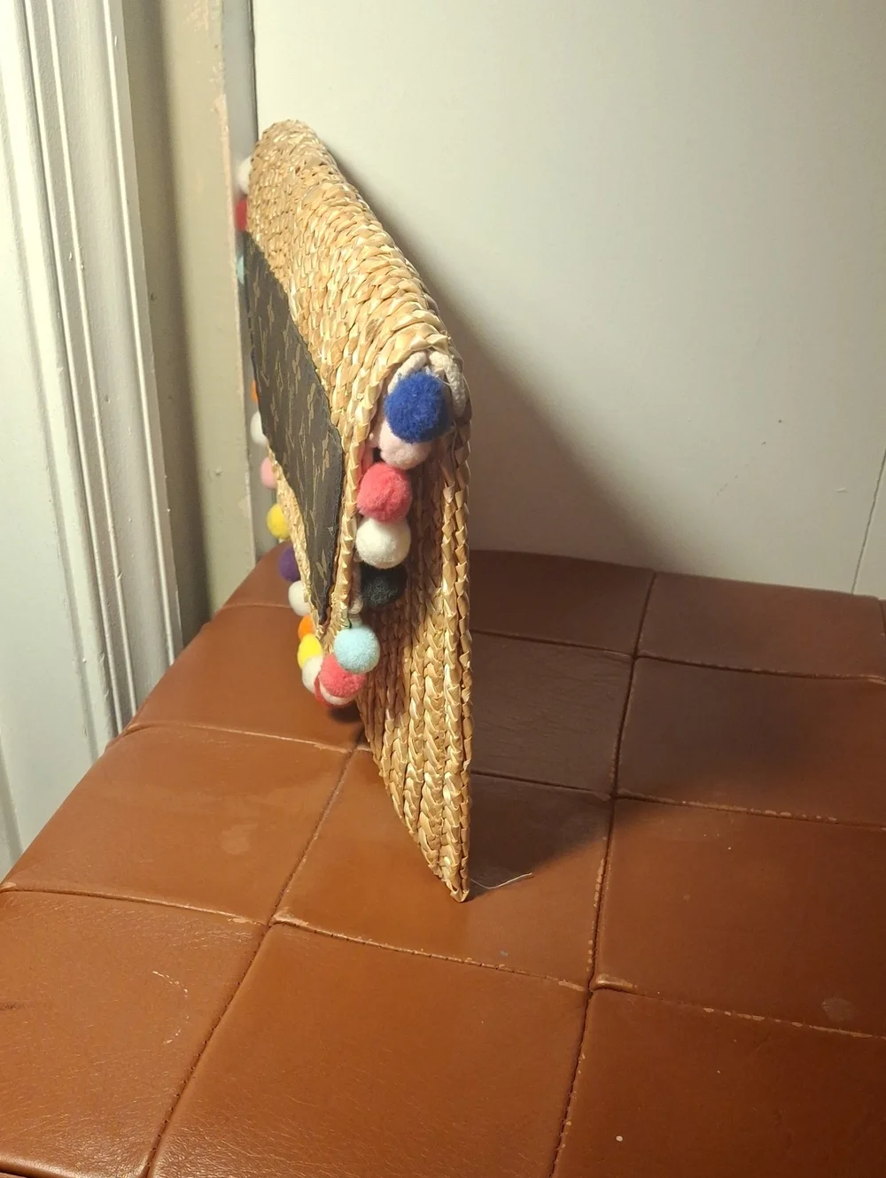 Upcycle Louis Vuitton Straw Clutch with Monogram Panel and Colorful Pom-Poms